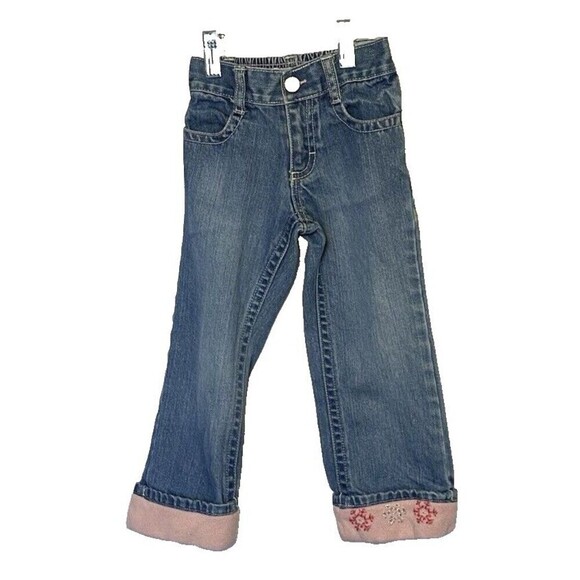 Oshkosh Girls Denim Jeans Size 3T Flannel Fold Up Cuffs - Picture 1 of 11